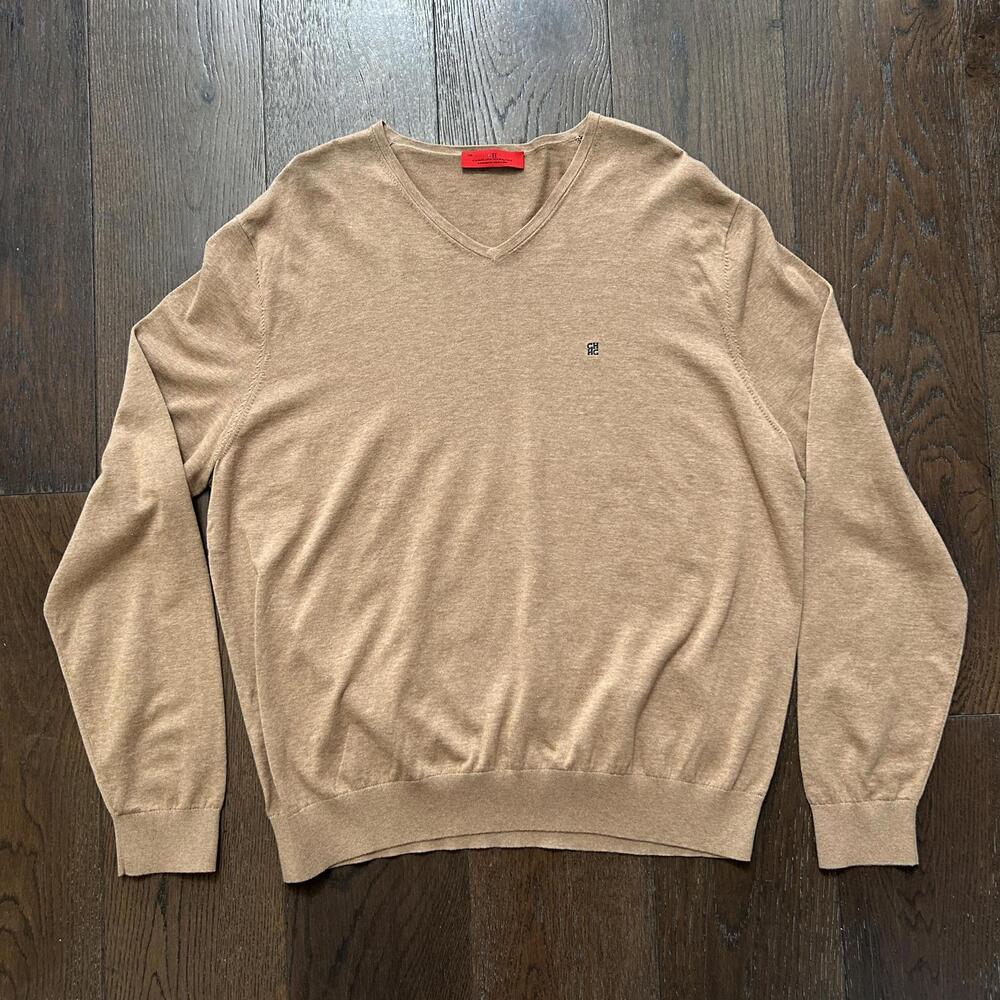 Carolina Herrera Men's V-Neck Combed Cotton Sweater XXL Beige